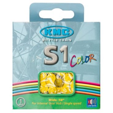 Цепь KMC S1 Color, для дорожных велосипедов, 1ск, 1/2''x1/8'', 112 звеньев, с замком, желтая, 300214
