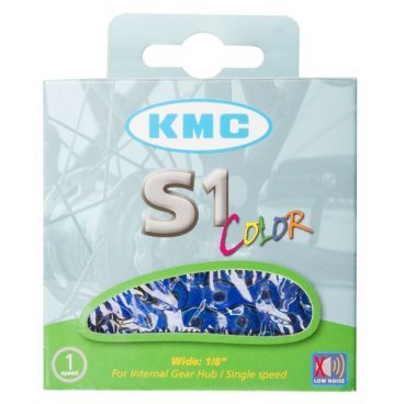 Цепь KMC S1 Color, для дорожных велосипедов, 1ск, 1/2''x1/8'', 112 звеньев, с замком, синяя, 300219