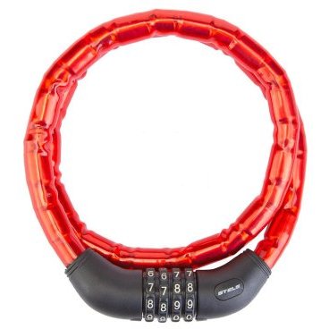 Фото Велосипедный замок Stels 81601, стальная цепь, кодовый, 18x1000 мм, красный, 540047