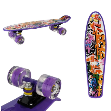 Скейтборд RGX Print Graffiti, 22", светящиеся колеса, подвеска - Alu, ABEC-7, фиолетовый, PNB-07-202
