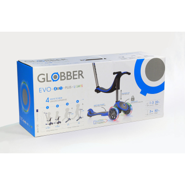 Самокат Globber EVO 4 IN 1 PLUS LIGHTS, детский, трансформер, светящиеся колеса, подножка, голубой, 454-130
