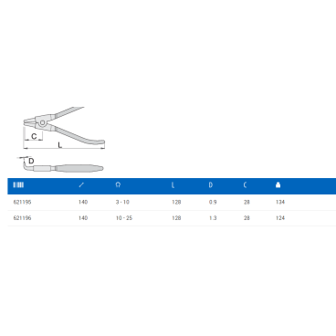 Съёмник наружных стопорных колец UNIOR с загнутыми губками, 140, 3-10мм, 534PLUS/1DP